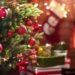 Geschmückter Weihnachtsbaum und Geschenke vor einem Kaminfeuer