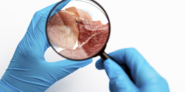 Eine Person mit Gummihandschuhen untersucht ein Stück Fleisch mit einer Lupe.