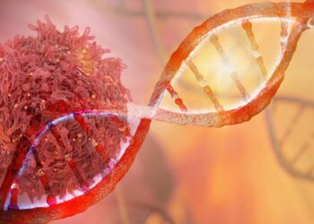 Grafische Darstellung eines DNA-Stranges und einer Krebszelle.