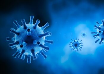 Darstellung des Coronavirus SARS-CoV-2 in blau