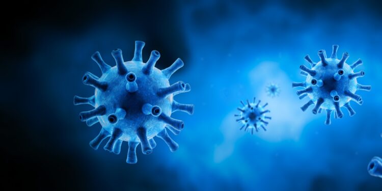 Darstellung des Coronavirus SARS-CoV-2 in blau