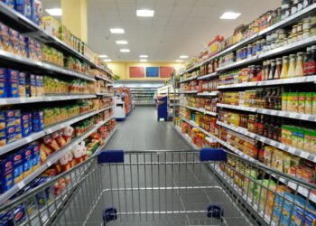 Leerer Einkaufswagen im Supermarkt