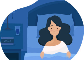Comichafte Darstellung einer Frau, die mitten in der Nacht wach im Bett liegt.