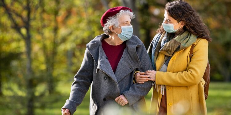 Frauen mit Maske gehen Spazieren.