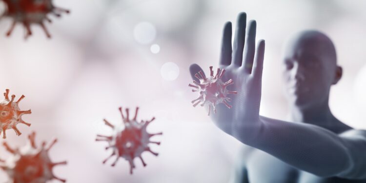 Grafische Darstellung eines Mannes, der mit einer abwehrenden Geste heranfliegende Coronaviren stoppt.
