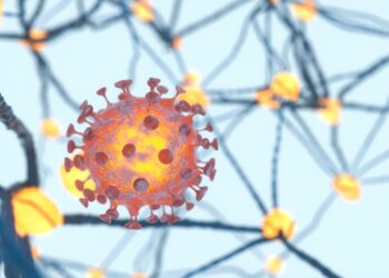 3D-Illustration des Coronavirus mit einer Abbildung des Nervensystems im Hintergrund