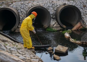 Eine Person im Schutzanzug entnimmt eine Abwasser-Probe.