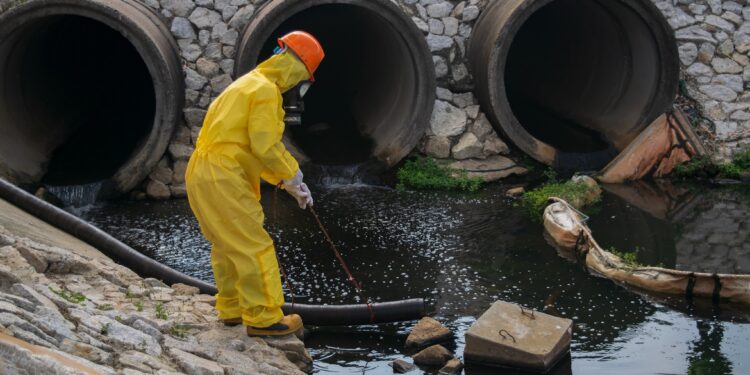 Eine Person im Schutzanzug entnimmt eine Abwasser-Probe.