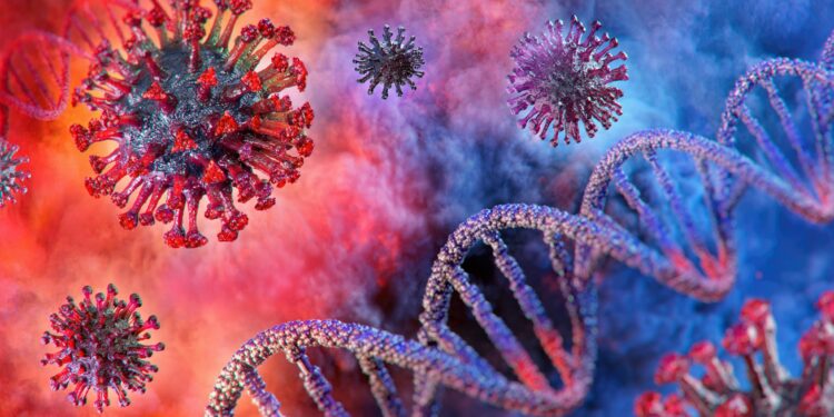 Grafische Darstellung von Coronaviren und einem DNA-Strang.