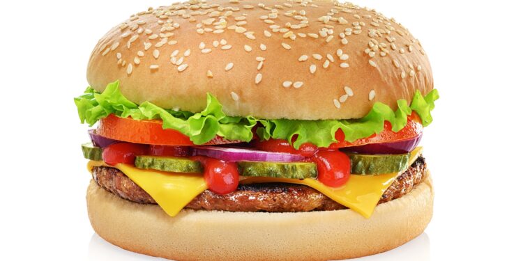Bild eines klassischen Cheeseburgers vor weißem Hintergrund.