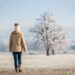 Frau macht einen Spaziergang in winterlicher Landschaft