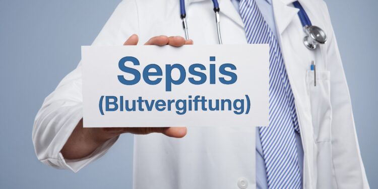 Arzt hält ein Schild mit der Aufschrift Sepsis (Blutvergiftung)