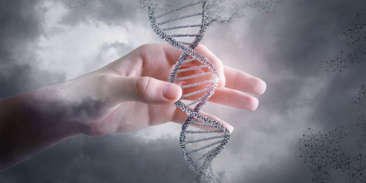 Grafische Darstellung einer Hand, die einen DNA-Strang hält.