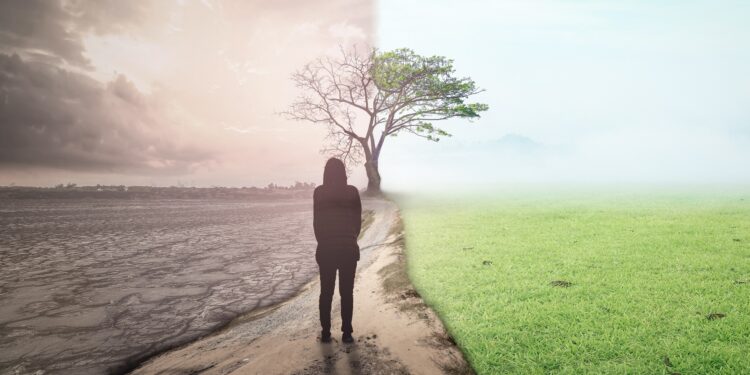 Frau auf einem Weg mit links zerstörter Natur und rechts grüner Landschaft.