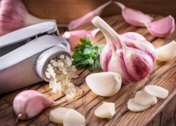 Frischer Knoblauch und Knoblauchpresse auf einem Holzbrett