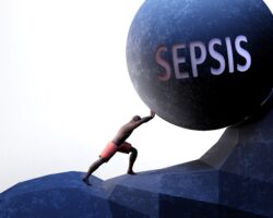 Eine grafische Darstellung eines Mannes, der eine übergroße Kugel mit der Aufschrift "Sepsis" einen Berg hochrollt.