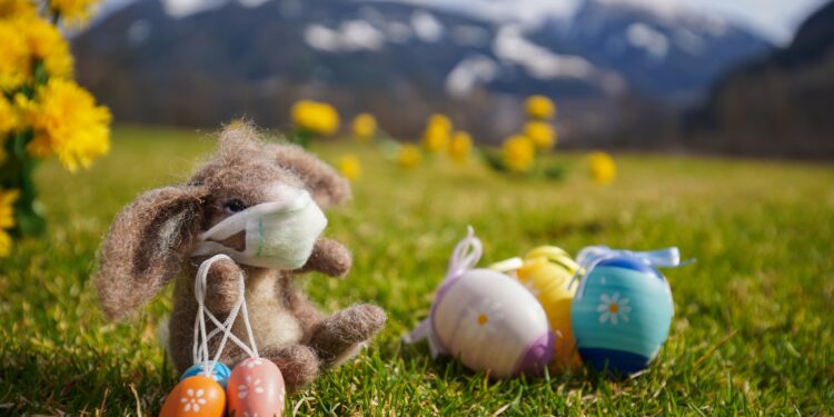 Ein Osterhase mit Mundschutz sitzt auf einer Wiese neben drei Ostereiern.