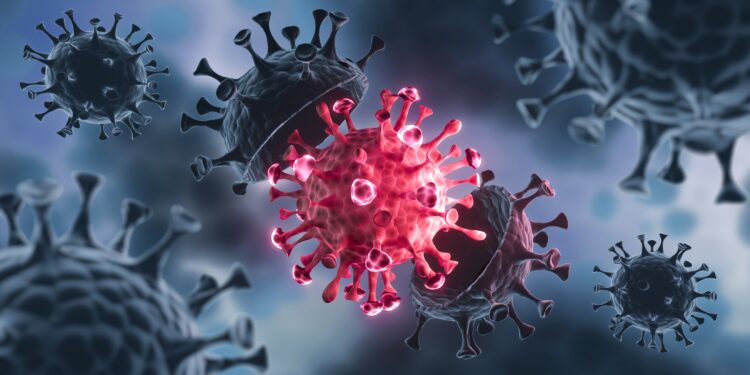 Uma representação gráfica mostra um coronavírus abrindo no meio e liberando um novo vírus.