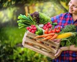 Frau trägt Korb mit Obst und Gemüse.