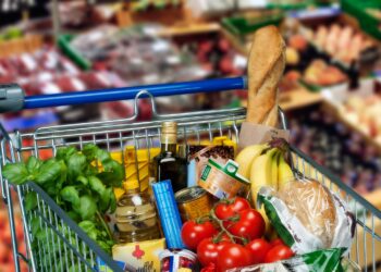 Ein Einkaufswagen gefüllt mit Lebensmitteln steht in einem Supermarkt.