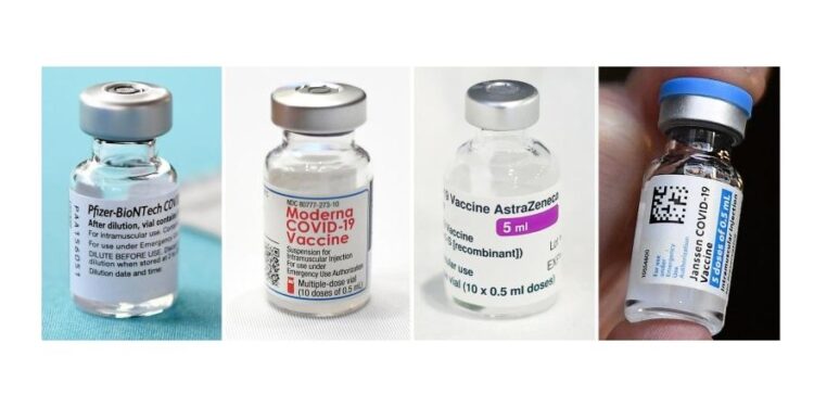 Abbildungen der Coronavirus-Impfstoffe der Hersteller Biontech/Pfizer, Moderna, Astrazeneca und Johnson & Johnson.