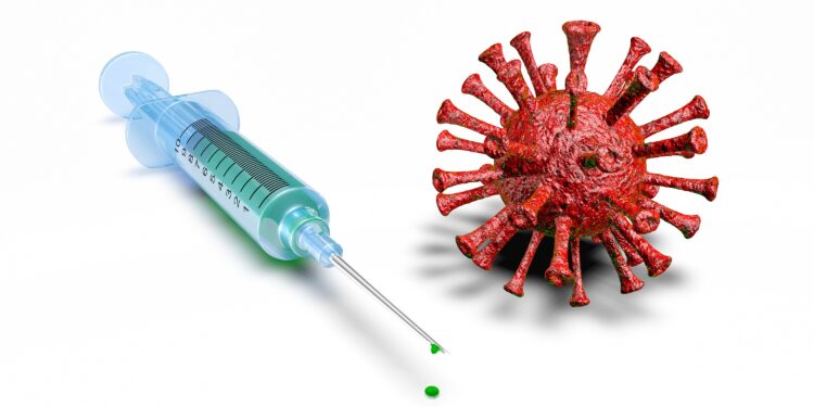 Spritze neben groß dargestelltem Coronavirus
