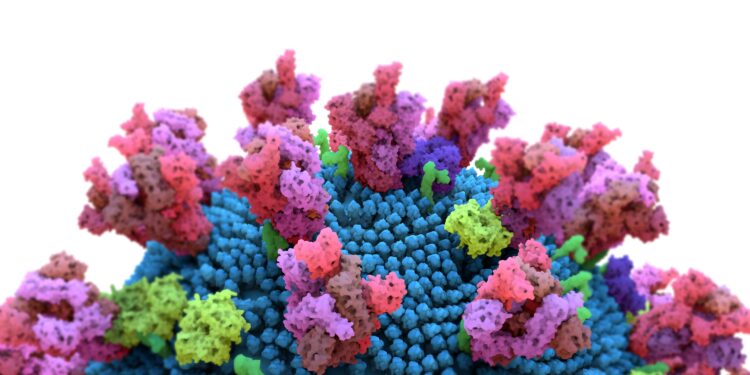 Grafische Darstellung von Spike-Proteinen auf dem Coronavirus SARS-CoV-2.