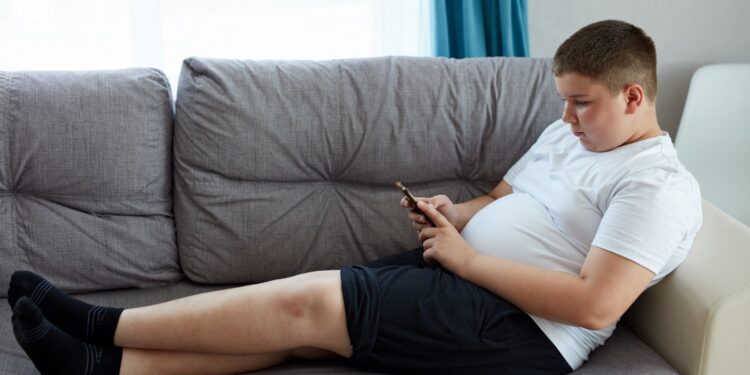Ein übergewichtiger Junge sitzt auf dem Sofa und schaut auf ein Smartphone.