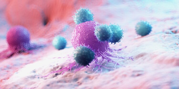 Grafische Darstellung von Immunzellen, die eine Krebszelle angreifen.