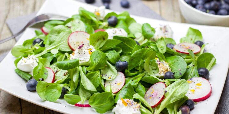 Feldsalat mit Ziegenkäse und Heidelbeeren