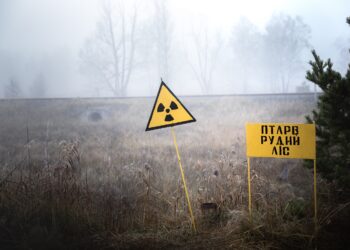 Ein Schild in Tschernobyl warnt vor radioaktiver Strahlung.