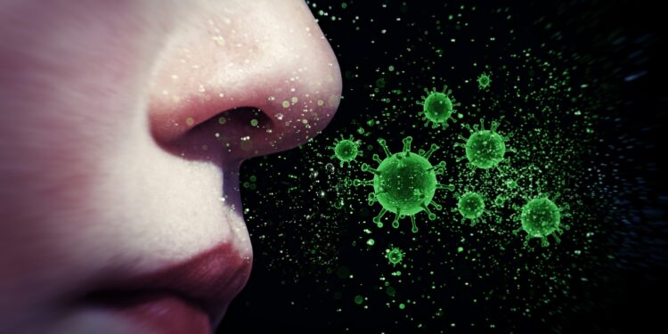 Grafik: Nase und Mund einer Frau sind von schwebenden Viren umgeben.