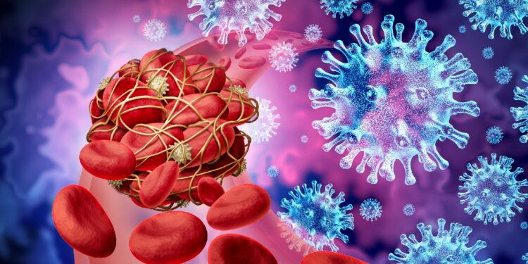 Eine grafische Darstellung von Viren und verklebten Blutkörperchen.