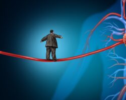 Grafische Darstellung: Ein übergewichtiger Mann balanciert auf einem Seil, dass zu einem Herz führt.
