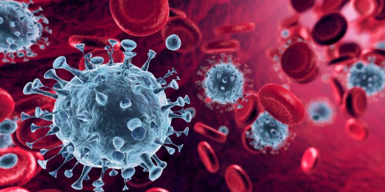 Grafische Darstellung von Coronaviren, die zusammen mit Blutkörperchen durch ein Blutgefäß schwimmen.