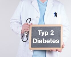 Arzt hält eine Tafel mit der Aufschrft "Typ-2-Diabetes"