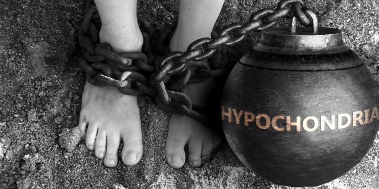 Füße in Ketten mit einer Eisenkugel und Aufschrift "Hypochondria"