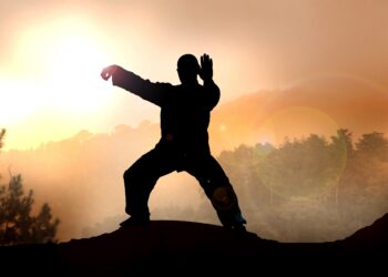 Ein Mann führt Tai Chi-Übungen in der Natur bei Sonnenaufgang durch.