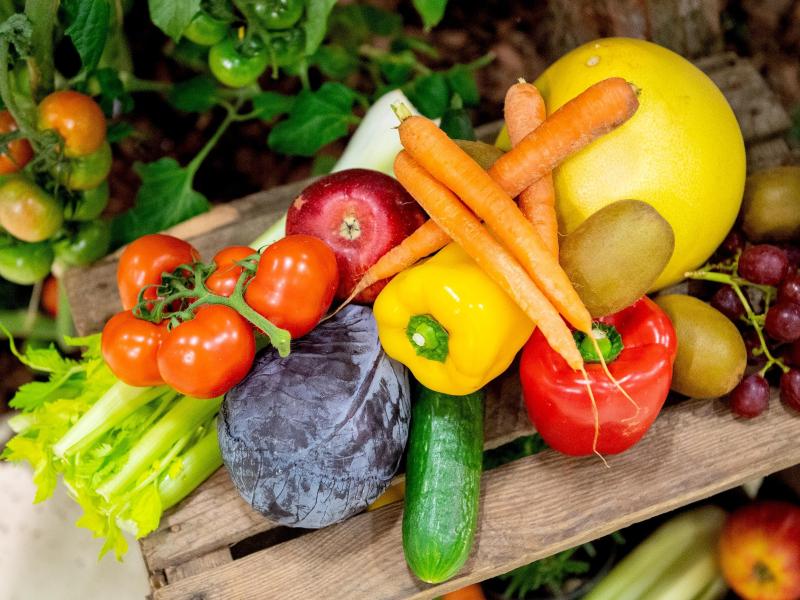 Verschiedene Obst- und Gemüsesorten auf einem Holzbrett.