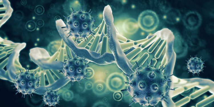 Grafische Darstellung eines DNA-Stranges, der von Viren umgeben ist.