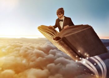 Grafische Darstellung eines Mannes, der auf einem Buch durch die Luft fliegt.