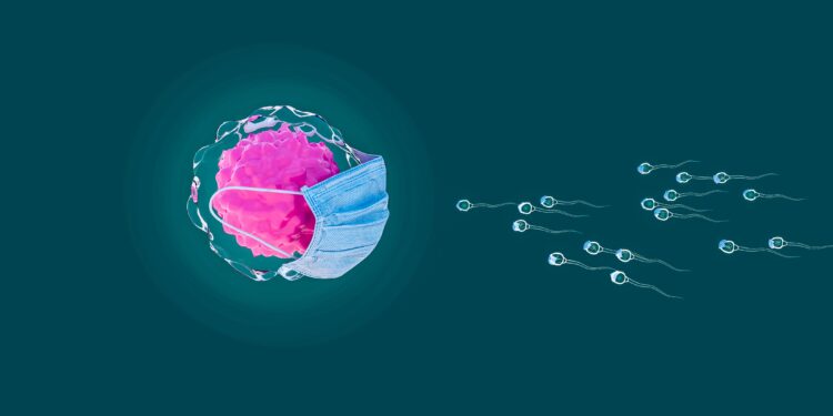 Comichafte Darstellung von Spermien, die auf eine Eizelle zuschwimmen, die einen Mundschutz trägt.