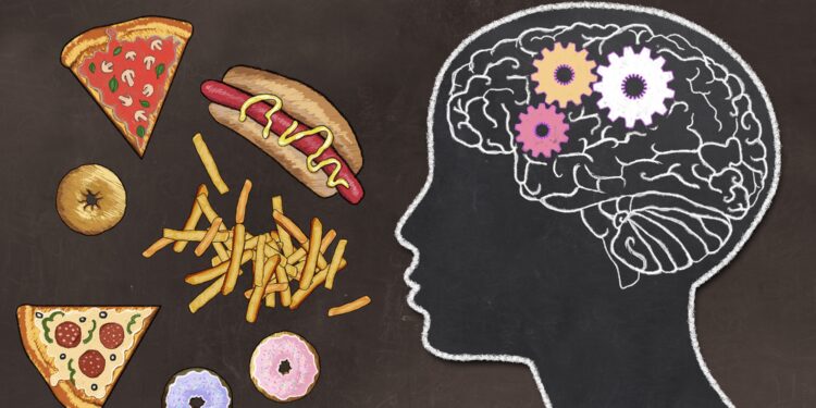 Grafische Darstellung von fettigen Lebensmitteln und einer Silhouette eines Kopfes samt Gehirn.