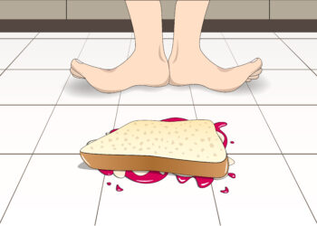 Illustration eines auf dem Boden liegenden Brots mit Marmelade