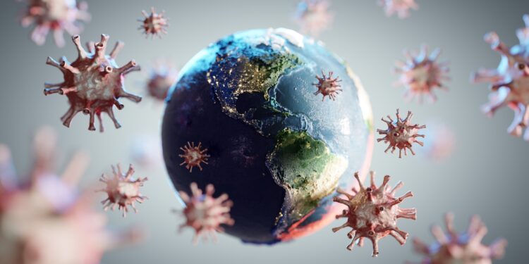 Grafische Darstellung einer Weltkugel, die von Coronaviren umgeben ist.
