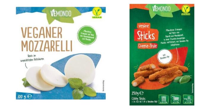 Produktabbildung  „Vemondo Veganer Mozzarelli” und „Vemondo Vegane Sticks”.