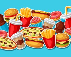 Comichafte Darstellung ungesunder Lebensmittel.