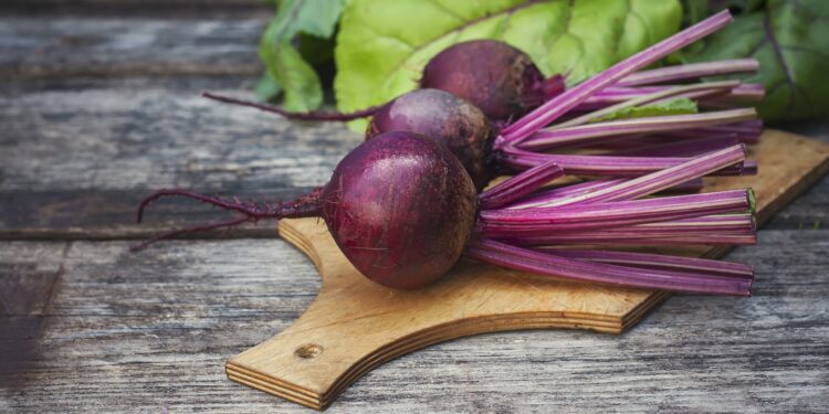 Drei Knollen Rote Bete mit Stielen auf Holzbrettchen