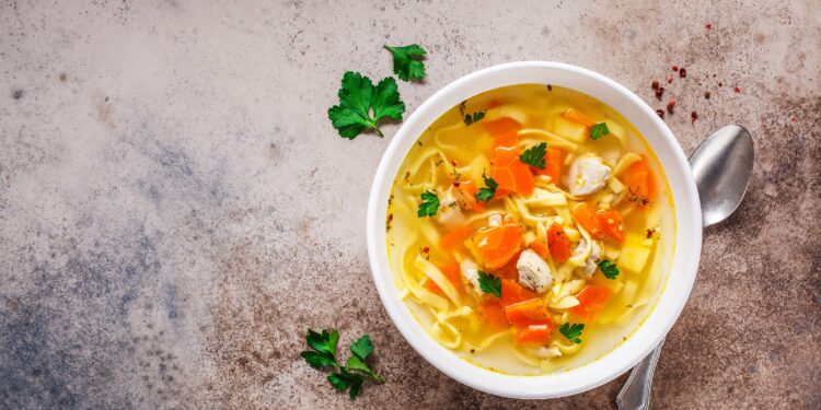 Eine Schüssel mit Hühner-Nudelsuppe steht auf einer hellen Oberfläche.