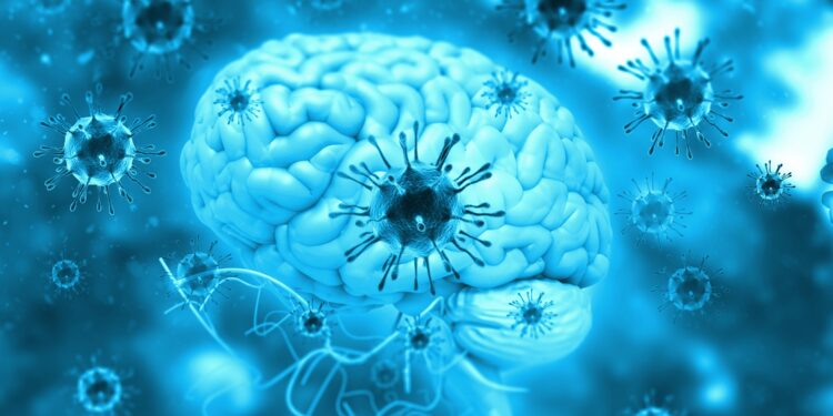 Grafische Darstellung von einem Gehirn, das von Viren umgeben ist.